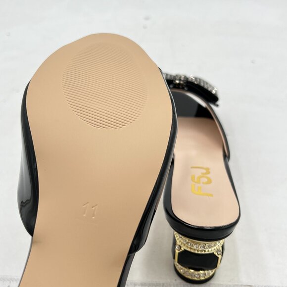 FSJ Black Low Heel Rhinestone Bow Mule Sandals Peep Toe Crystal Slipper - Picture 6 of 8